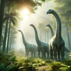 portrait of Brachiosaurus Group at prehistoric forest