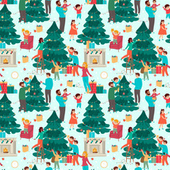 Christmas seamless pattern with people decorating a Christmas tree.