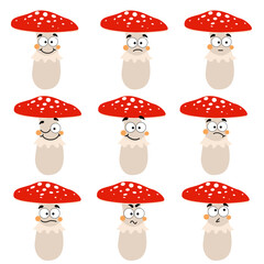 Vector cartoon fly agaric mushroom with emotions isolated on white background