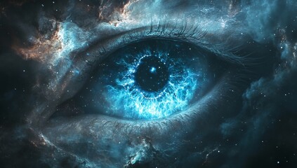 A close up of a person's eye with a blue galaxy in the center