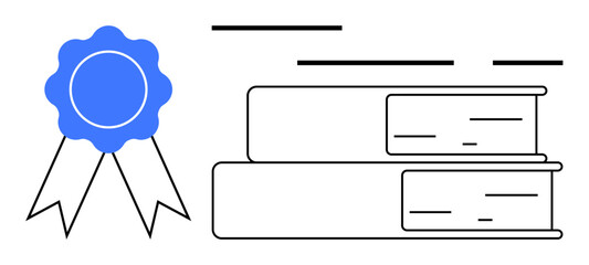 Blue ribbon representing excellence alongside two stacked books. Ideal for education, success, certification, achievement, learning, academic events, and recognition contexts. Banner for landing page