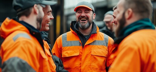 Discussion Among Construction Workers in Orange Safety Gear