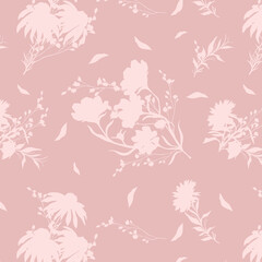 bicolor contour silhouette seamless pattern with flowers and leaves. Abstract floral spring, summer pattern.