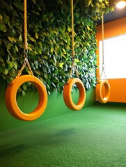 Colorful tire swings hang in a vibrant indoor space surrounded by lush greenery for children activity.