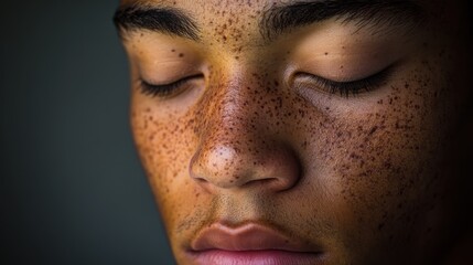 Fototapeta premium A young man gazes inward, his eyes closed and expression thoughtful. Soft lighting enhances his features, creating an intimate atmosphere filled with nostalgia and depth.