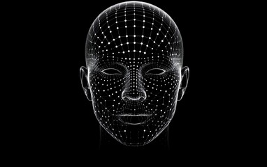 Futuristic digital face with grid pattern on a black background, symbolizing AI and virtual reality concepts. Facial recognition.