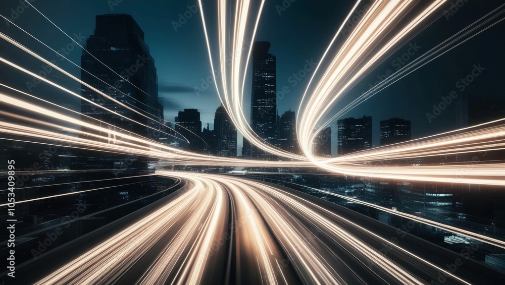 Poster dynamic light trails zooming through a dark cityscape, creating an abstract motion effect, symbolizi