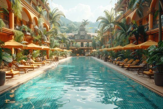 A chic pool party with cabanas, sunbeds, and people sipping cocktails