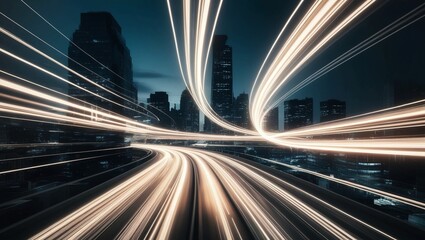  Dynamic light trails zooming through a dark cityscape, creating an abstract motion effect, symbolizing high-speed data transfer, futuristic urban transit, and technological advancement