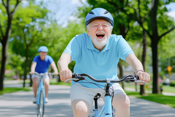Obraz premium Joyful elderly group cycling together outdoors, embracing active lifestyle and companionship. 