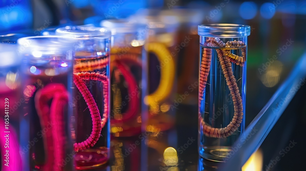 Aufkleber laboratory setup showing colorful worms in jars