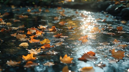 Fototapeta premium Leaves floating down a gentle stream
