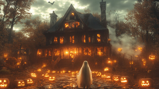 Children celebrating Halloween in front of hastle
