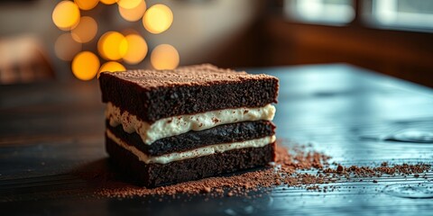 A slice of decadent chocolate cake with creamy filling, dusted with cocoa powder and resting on a wooden surface, illuminated by warm bokeh lights
