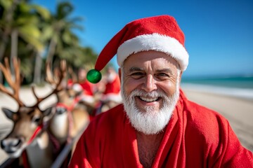 Man in a red hat, red coat is smiling. He is surrounded by reindeer, which are also wearing red. Santa Clause and his reindeers on a tropical exotic island, seacoast or beach landscape
