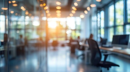 A blurred modern office space filled with business people engaged in various tasks,