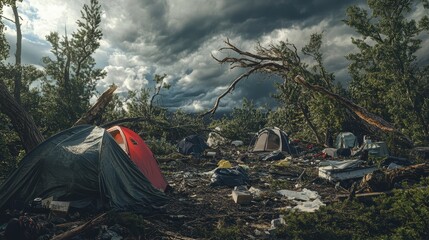 A post-tornado scene where a forest has been completely uprooted, with trees lying in tangled heaps, and a nearby campsite destroyed