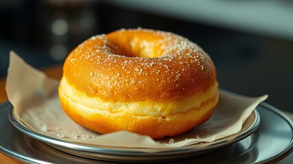 A single, golden-brown donut dusted with sugar, resting on parchment paper atop a silver plate, the glistening glaze capturing the light