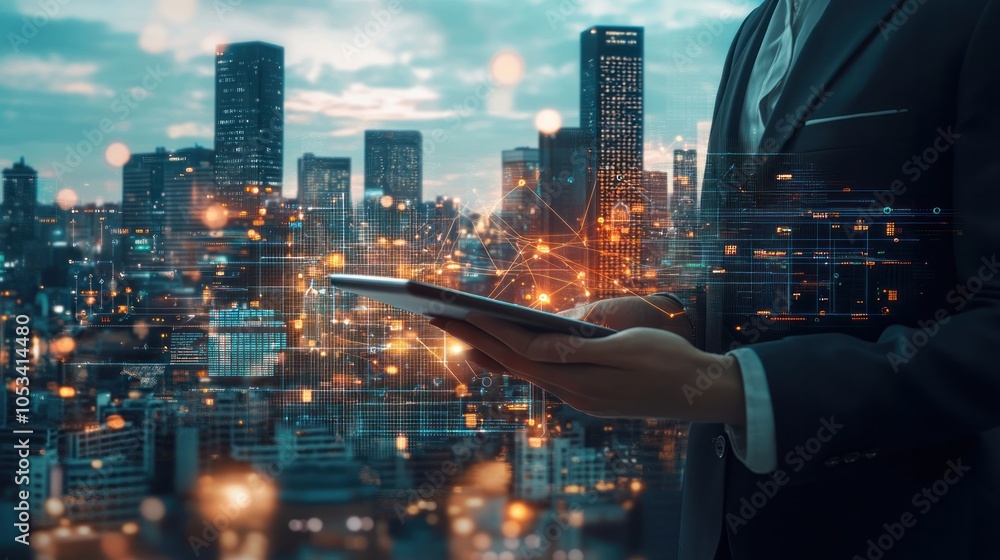 Poster a businessman using a tablet with a layered background of a modern city and a web of digital connect