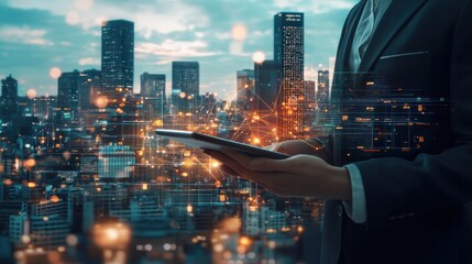 A businessman using a tablet with a layered background of a modern city and a web of digital connections