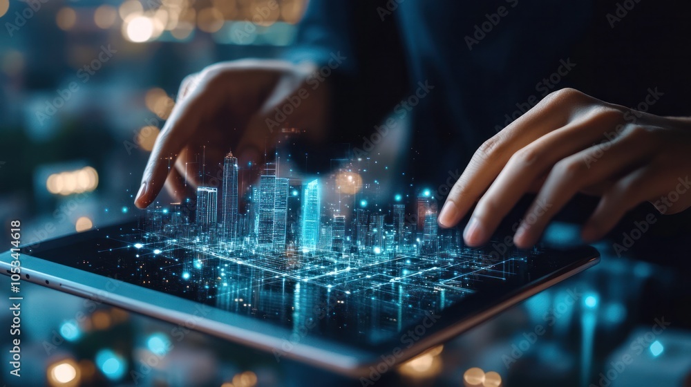 Poster a businessman using a tablet with a layered background of a modern city and a web of digital connect