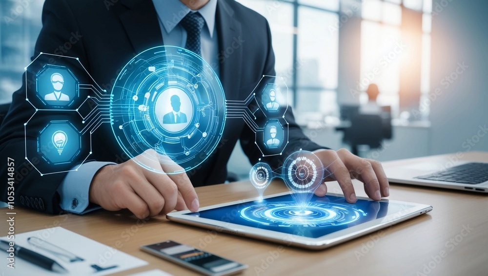 Poster futuristic businessman working on a digital tablet with holographic connections and virtual network 