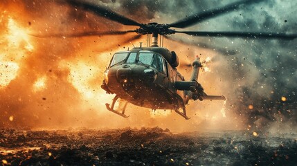 Naklejka premium Military helicopter transporting troops to a combat zone, 4K hyperrealistic photo