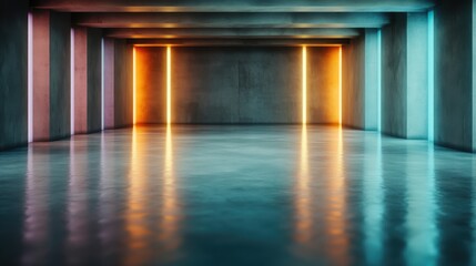 An artistic corridor with rhythmic neon lights adorning the walls, casting a colorful glow across the length of the hallway and reflecting off the gleaming floor.