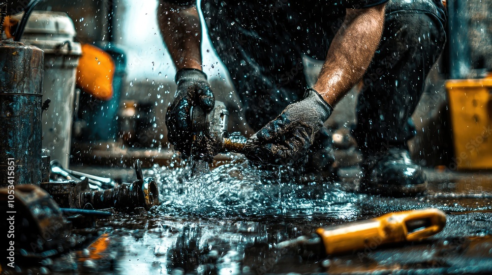 Poster plumber fixing leaking pipe in workshop setting