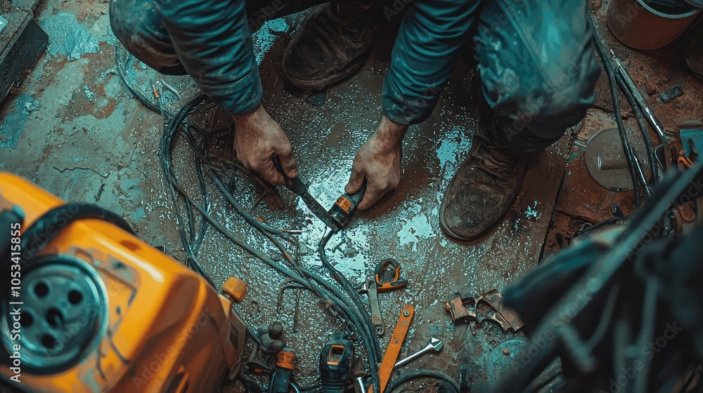 Aufkleber plumber fixes leaking pipe in dynamic work environment