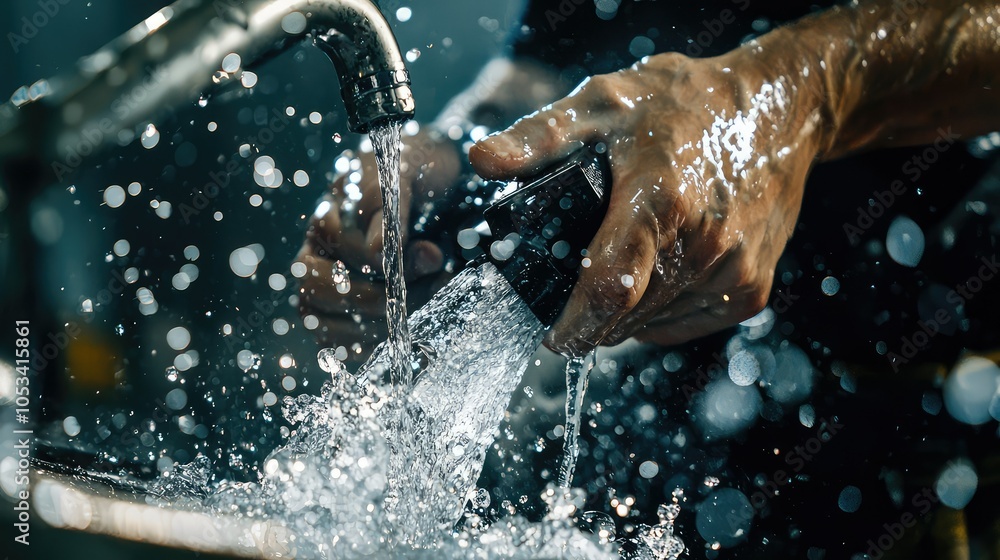 Poster plumber fixing a sink faucet with dynamic water flow