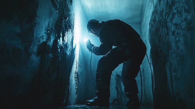 Plumber at Work with Flashlight in Dark Space