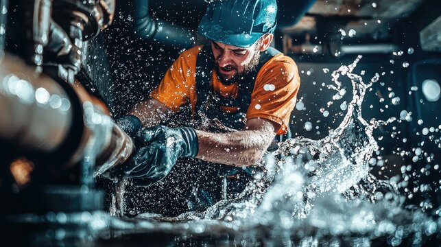 Dynamic Plumber Clearing Clogged Drain with Water Surge