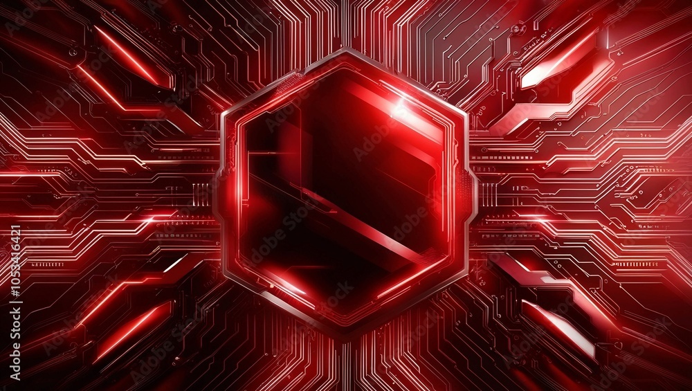 Poster  Red Hexagonal Technology Background with Circuit Patterns and Light Effects for High-Tech Design