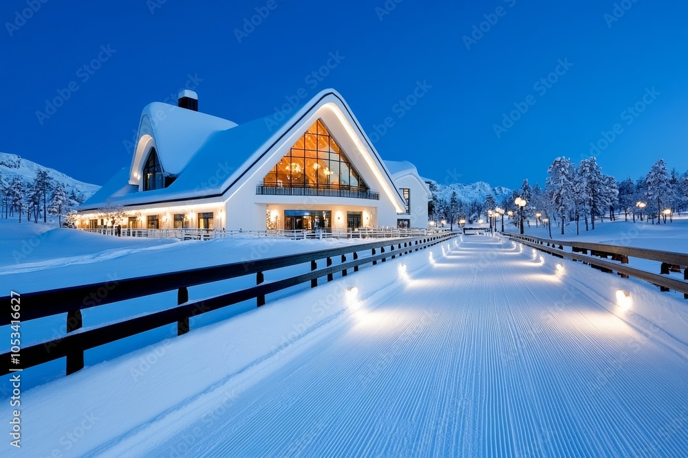 Poster building with a christmas tree on it. the building is lit up with lights. the lights are on the roof