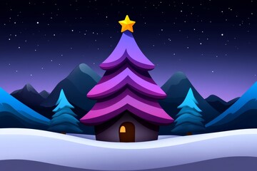 Small pink house with a chimney and a window. The house is surrounded by trees and snow. Cozy Winter Night Scene of a Decorated Christmas House