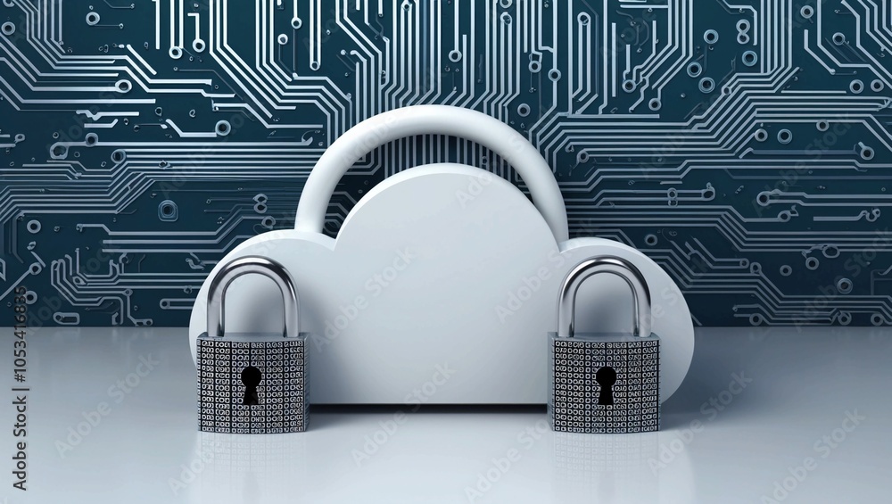 Poster abstract d rendering of a digital cloud with security locks and circuitry, illustrating cybersecurit