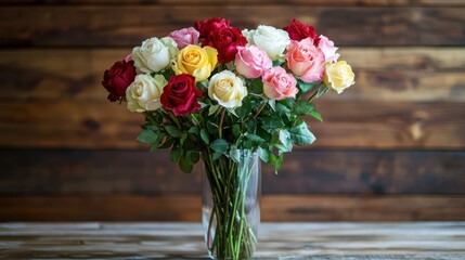 A bouquet of roses in various colors--red, pink, white, and yellow--arranged elegantly in a glass vase on a wooden table