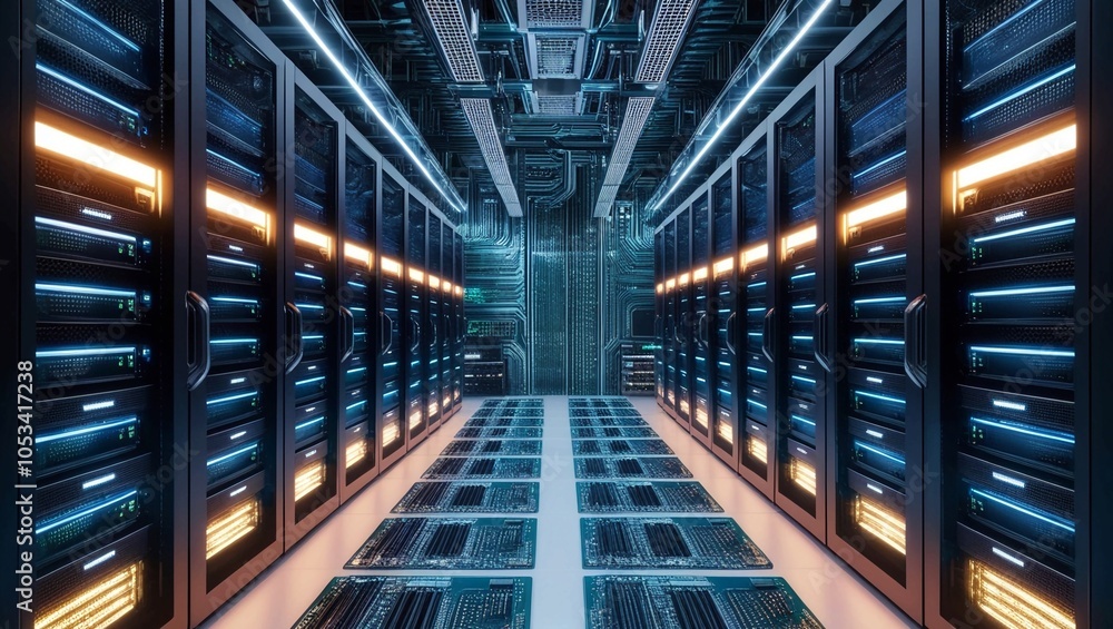 Poster high-tech data center with rows of glowing servers and circuit boards creating an immersive technolo