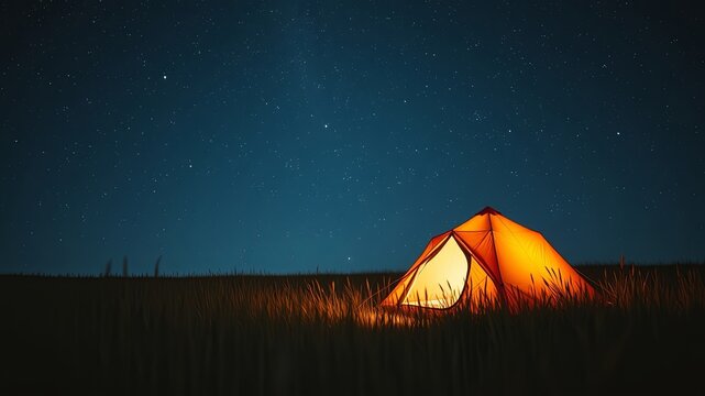 A solitary tent glows with warm light against the backdrop of a star-studded night sky, offering a beacon of comfort and refuge in the vast expanse of the wilderness.