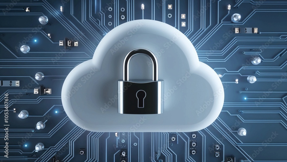 Poster abstract 3d rendering of a digital cloud with security locks and circuitry, illustrating cybersecuri