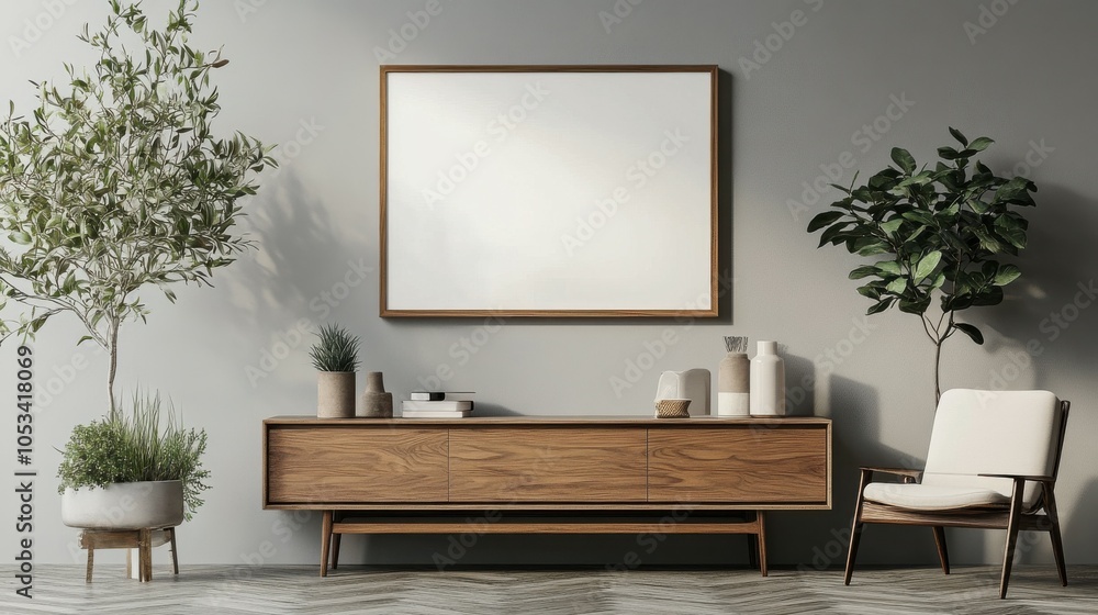 Poster minimalist dining room with an empty frame on the sideboard