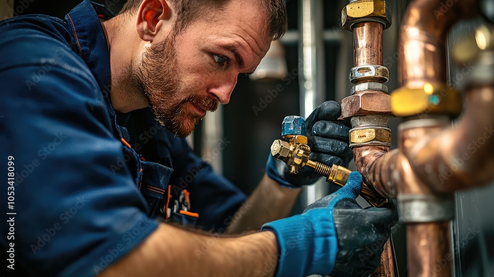 Poster professional plumber installing pipe in dynamic environment