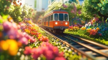 Cartoonish metro on tracks surrounded by spring flowers under bright sunshine