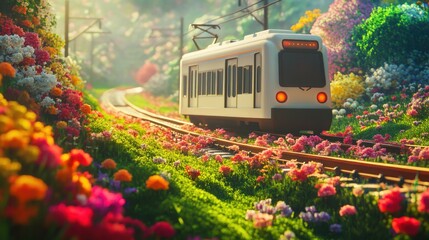 Cartoonish metro on tracks surrounded by spring flowers under bright sunshine