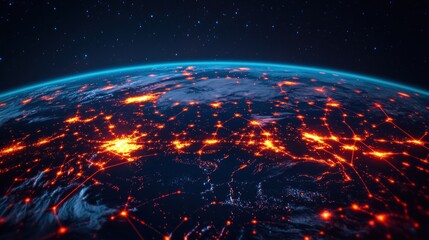 Obraz premium A digital view of Earth showcasing illuminated networks and connections.