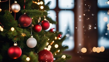 Naklejka premium Close up christmas tree decorated with christmas balls