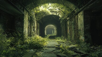 Fototapeta premium Dramatic View of an Abandoned Nature-Filled Tunnel