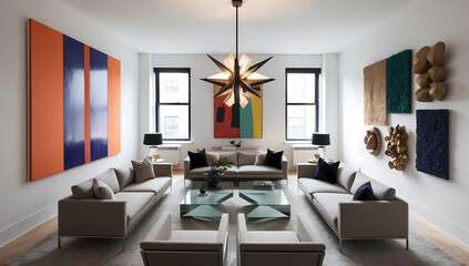 Fototapeta premium Modern Living Room With Abstract Wall Art And Contemporary Lighting 