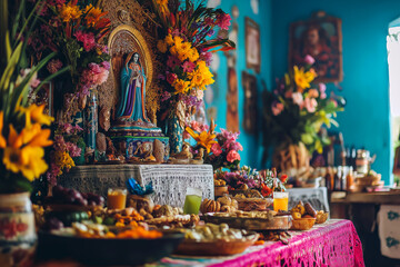 Fototapeta premium A beautifully decorated altar dedicated to Santa de Muerte, surrounded by families offering food, drinks, and mementos of loved ones.
